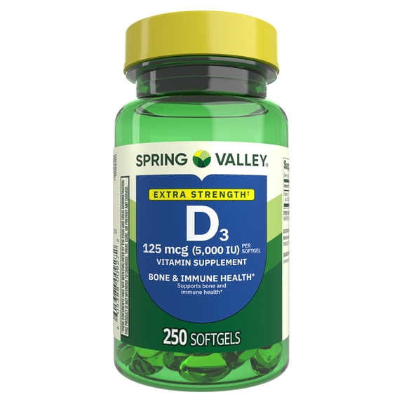 PREVENTA | Spring Valley Vitamina D3 5000 UI — 250 cápsulas blandas